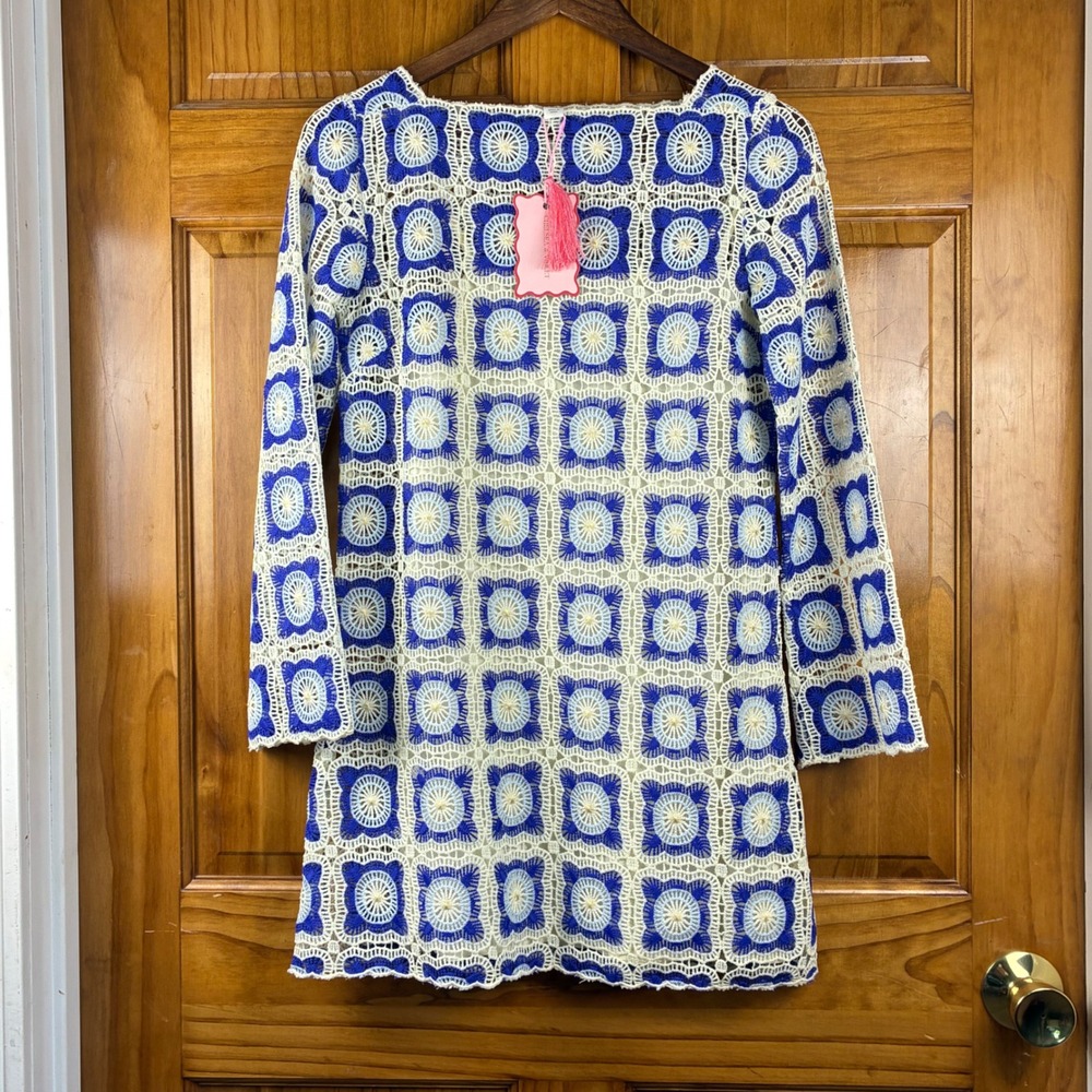 Chelsea & Violet Crochet Granny Square Mini Dress XS Long Sleeve NWT Cotton Slip